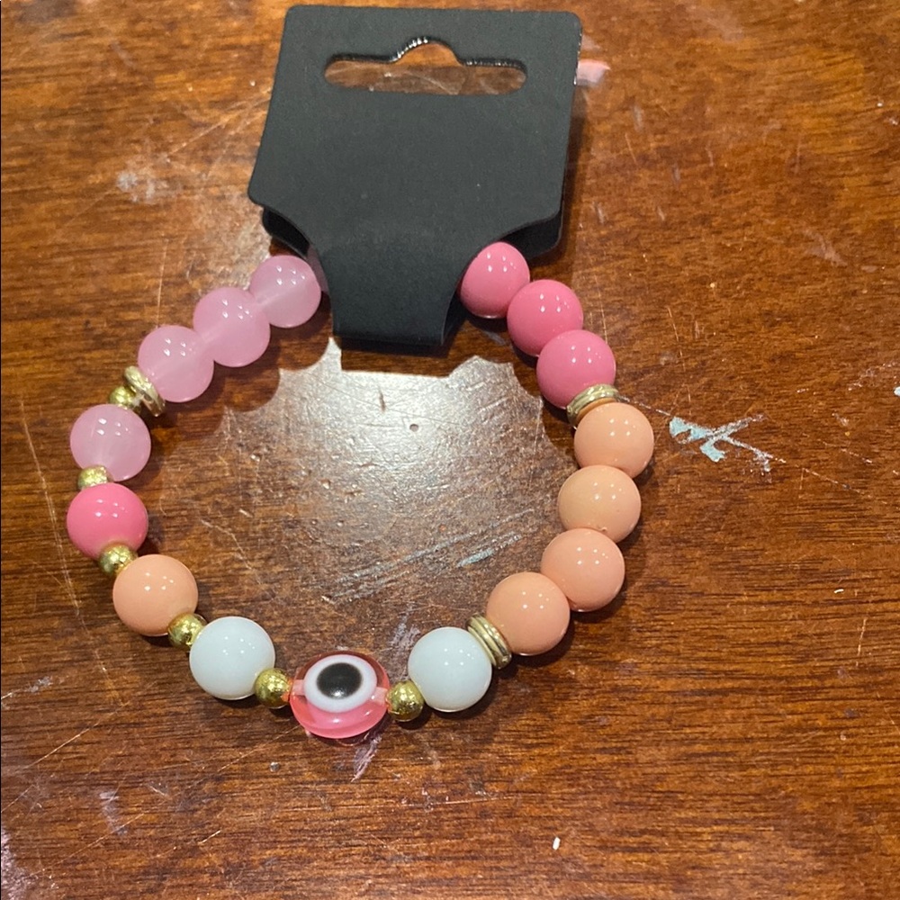 Pink and Orange Beaded Bracelet with Evil Eye Charm